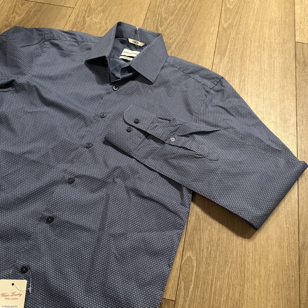 Lucky Brand Shirt Mens‎ Blue Weave Print Button Stretch Slim Fit Preppy
